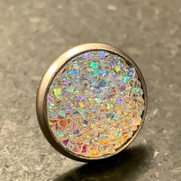Men’s Round White Iridescent Prism Faux Druzy Hip Hop Iced Out Stud Earrings NEW - Picture 5 of 10